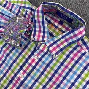 Alan Flusser Men's L Mutli-Color Check Plaid Shirt Paisley Trim Flip Cuff Casual